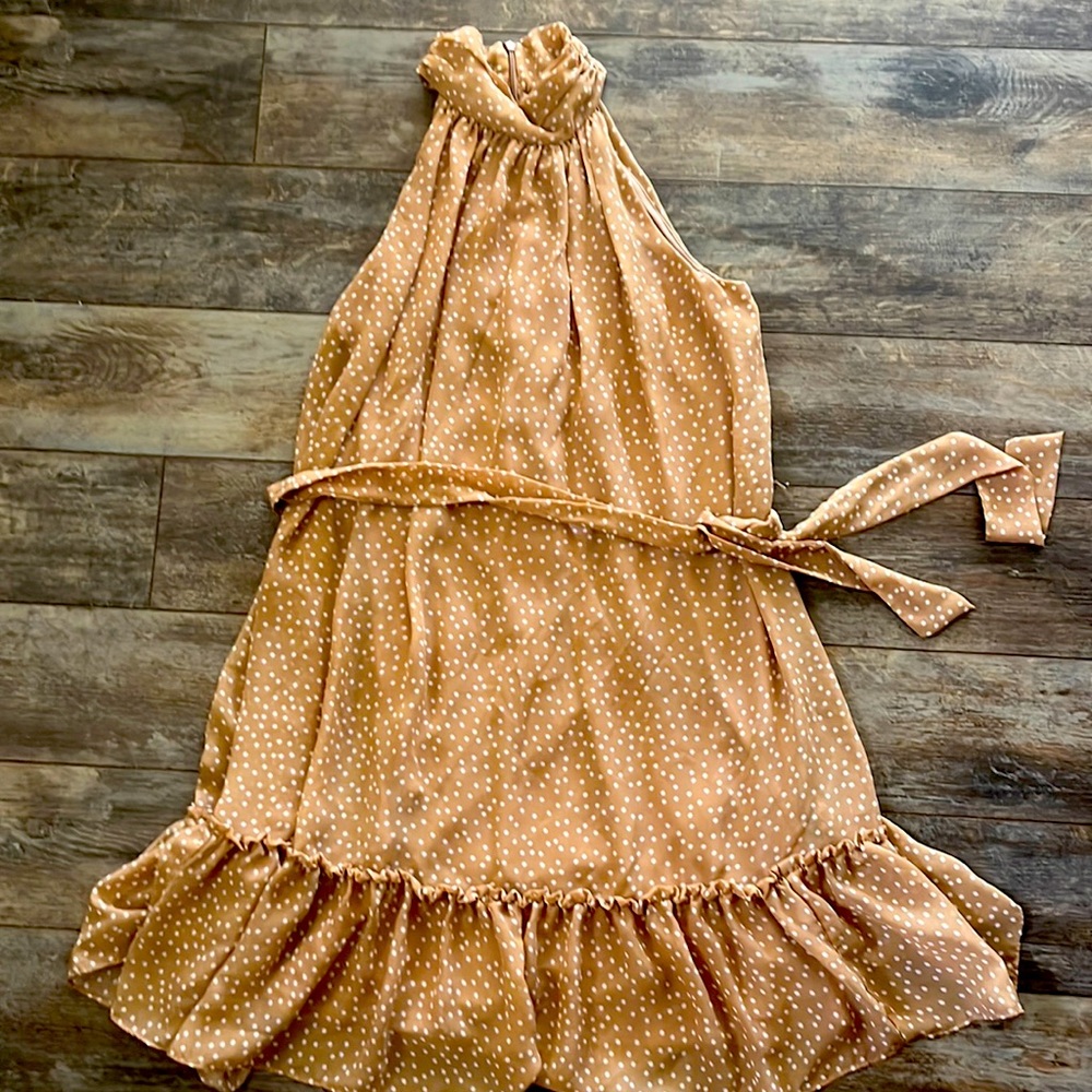 High neck tan polka dot dress